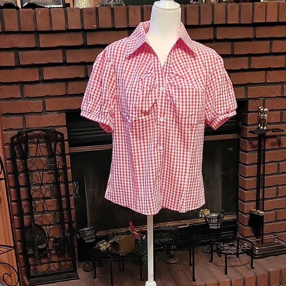 Red and White Gingham Short Sleeve Blouse